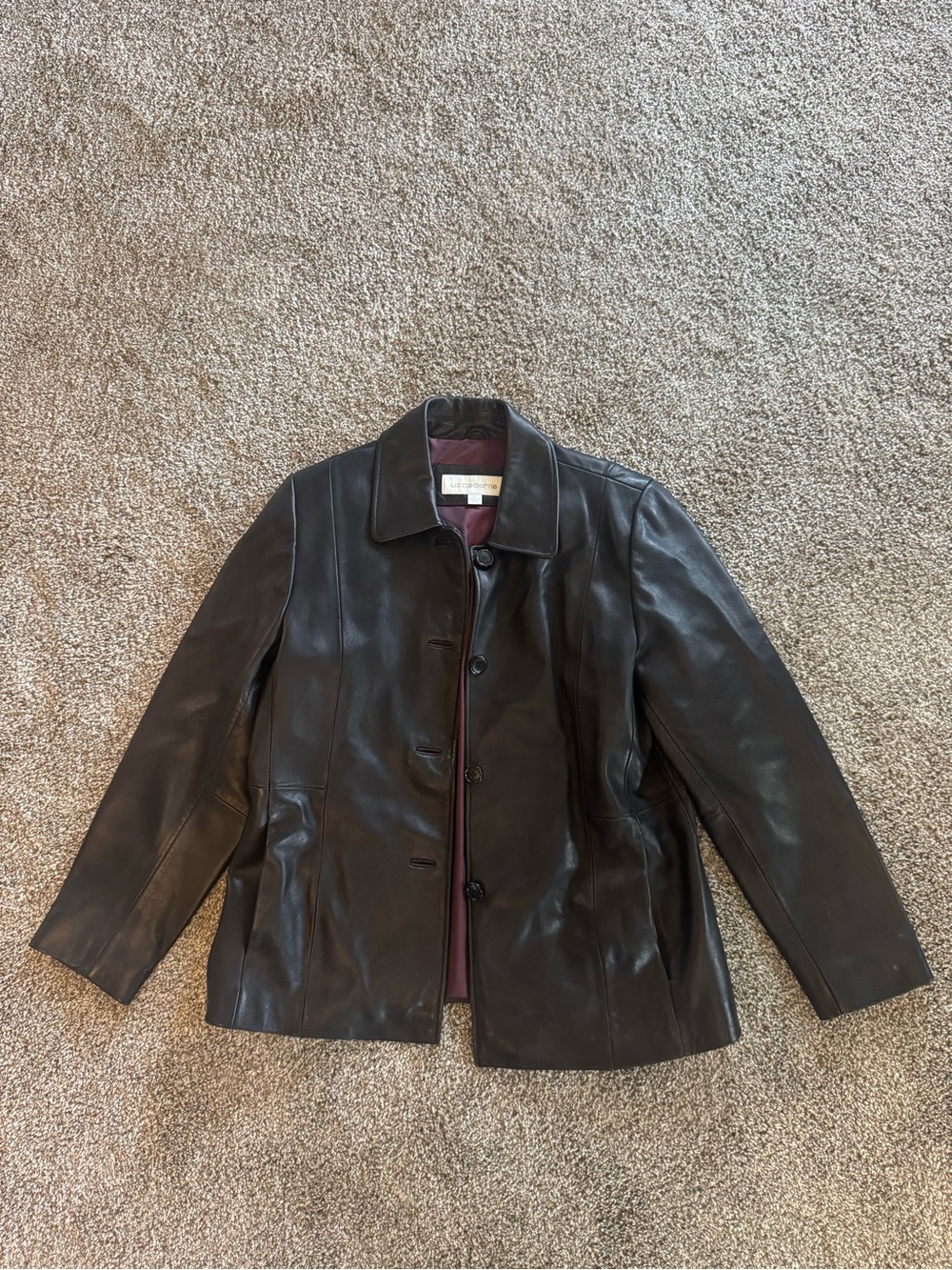 Liz Claiborne Black Leather Jacket with Burgundy Lining